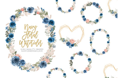 Navy Blue Flowers Frame Clipart&2C; Navy Rose watercolor clipart