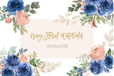 Blue Navy Flowers Watercolor Clipart &2C; Flower clipart wedding&2C; Bouquet