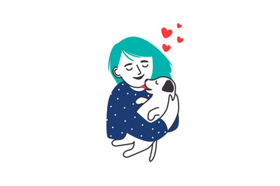 Girl hugs puppy portrait sketch