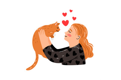 Female hugs cat