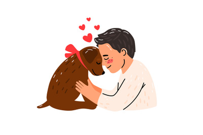 Cartoon young man hugging dog