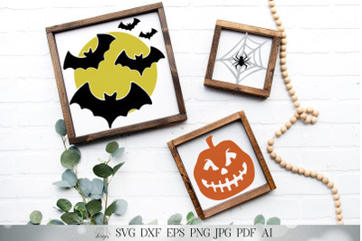 Halloween Trio SVG Set | Bats with Moon SVG | Jack O Lantern SVG | Spi