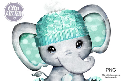 Mint Aqua Elephant in Winter Hat, unisex boy or girl elephant PNG