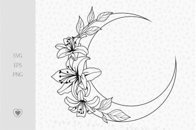 Floral moon svg, lily flower, celestial svg, crescent moon