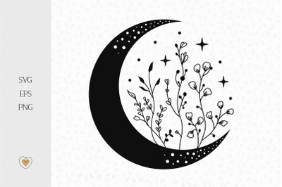 Crescent moon with wildflowers svg, Celestial svg