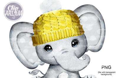 Cute Gender Neutral Baby Elephant in Hat, watercolor PNG clip art