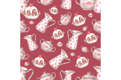 Vintage kitchen utensils watercolor seamless pattern. Jug, sugar bowl