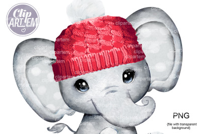 Red Hat Baby Elephant Boy Girl Watercolor PNG Clip Art