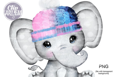 Cute Baby Elephant in Pink and Blue Hat PNG sublimation images