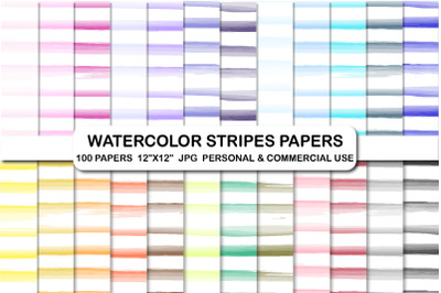 100 Watercolor Stripes digital paper horizontal stripes