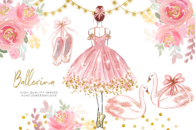 Pink Ballerina Princess Clipart, Pink &amp; Gold Flowers Clip Art