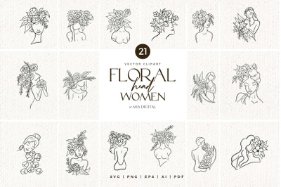 Floral Head Women SVG Clip Art/ Black Line Art Girl with Flowers