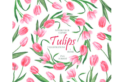 Pink tulips watercolor clipart. Watercolor tulips wreath. Tulips frame