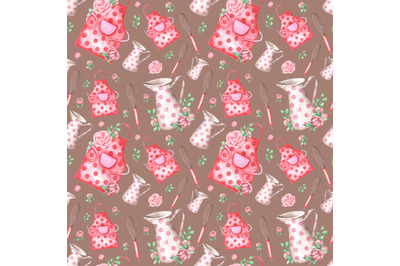 Vintage kitchen watercolor seamless pattern. Confectionery, cookbook