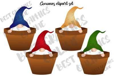 Gnomes Clipart Set, Gardening Flower Pot Gnome Clip Art