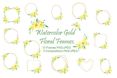 Watercolor gold floral frame. Wedding frames.