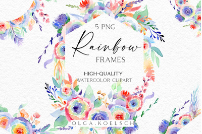 Boho rainbow floral frame clipart, watercolor floral borders png