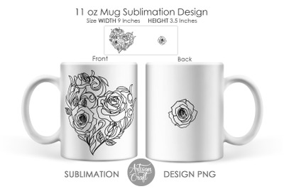 Mug sublimation design, rose heart, 11oz mug