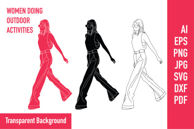 Vector illustration of woman walking, Flat style with outline