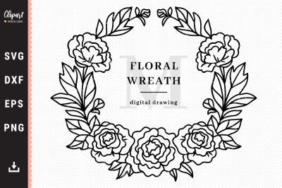 Peony SVG, Floral wreath SVG, DXF, Cut Files