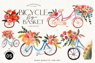 Bicycle with Flower Basket - Watercolor Flowers Clipart