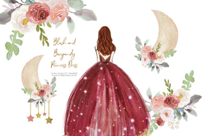 Burgundy Princess Dress Clipart, Burgundy watercolor clipart