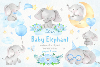 Watercolor Blue Baby Elephants Clipart, Nursery PNG Graphics