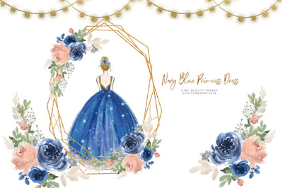 Navy Blue Princess Dress Clipart, Blue Flowers clipart wedding,