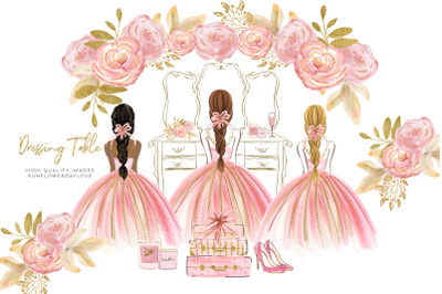Dressing Table Pink Ballerina Princess Clipart, Pink &amp; Gold Flowers