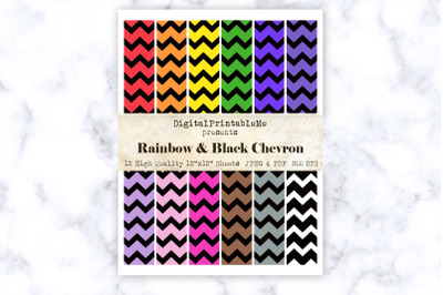 Black Rainbow Chevron, Zigzag Pattern Digital Paper, 12&quot; x 12&quot; Scrapbo