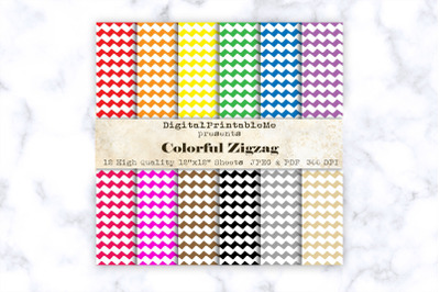 White Zigzag, Mixed Colors Chevron, Pattern Digital Paper, 12&quot; x 12&quot; S