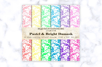 Pastel White Damask, Mixed Colors, Pattern Digital Paper, 12&quot; x 12&quot; Sc