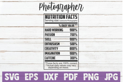 Photographer Nutrition Facts SVG Cut File