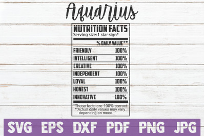 Aquarius Nutrition Facts SVG Cut File