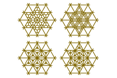 Set of four Japanese Kumiko patterns in hexagon.Brown color lines.
