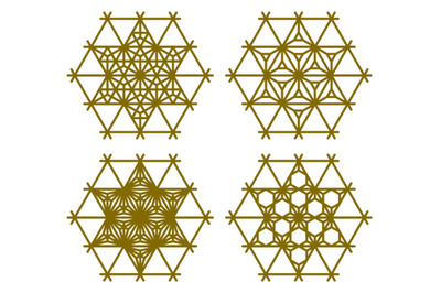 Set of four Japanese Kumiko patterns in hexagon.Brown color lines.