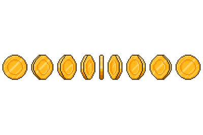 Pixel art coin animation. Game ui golden coins rotation stages, pixel