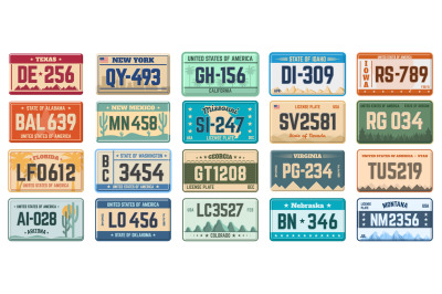 Car number plates. Vehicle use states license registration plates, ret