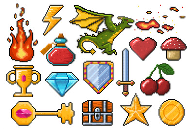 Pixel game elements. Games ui magic items, fire, trophy, coin, dragon