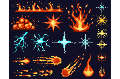 Pixel game light effects. Bright flash, light flares, sparkler, energy