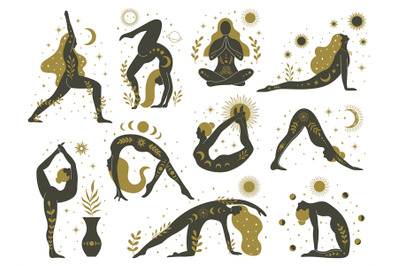 Magical yoga women. Mystical esoteric female silhouettes&2C; minimalist m