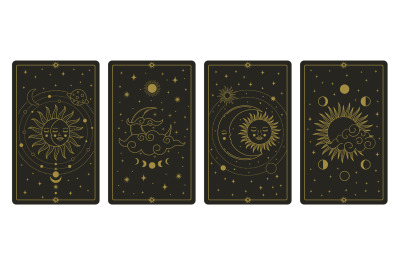 Moon and sun tarot cards. Mystical hand drawn celestial bodies cards,