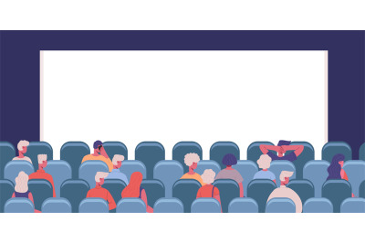 People in cinema. Movie theatre male and female characters view from b