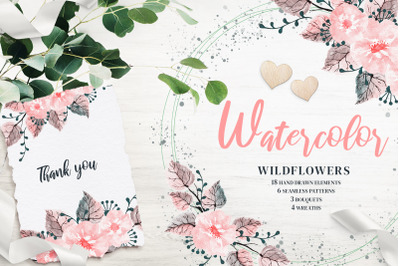 Hand Drawn Watercolor Wildflowers. Seamless Patterns. Frames