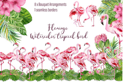 Tropical flamingo clipart - watercolor birds