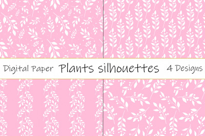 Plants silhouettes pattern. White flowers SVG. Plants print