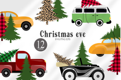 Christmas tree and truck svg clipart. Buffalo plaid print.