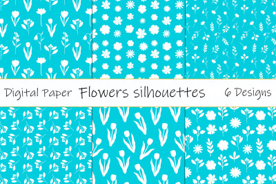 Flowers silhouettes pattern. White flowers. Plants pattern