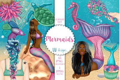 Mermaids Clipart, Underwater Ocean Graphics, Mermaid Fashion Girl