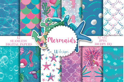 Mermaids Digital Papers, Mermaid Seamless Pattern, Sea Life Background